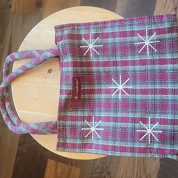 Longaberger Handbags - Longaberger Snowflake Holiday Plaid Fabric Tote Bag Collectible Green Cranberrry